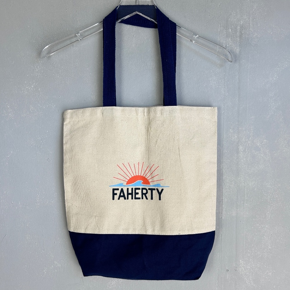 Faherty canvas reusable tote beige navy logo graphic 15.5 in x 14.5 in